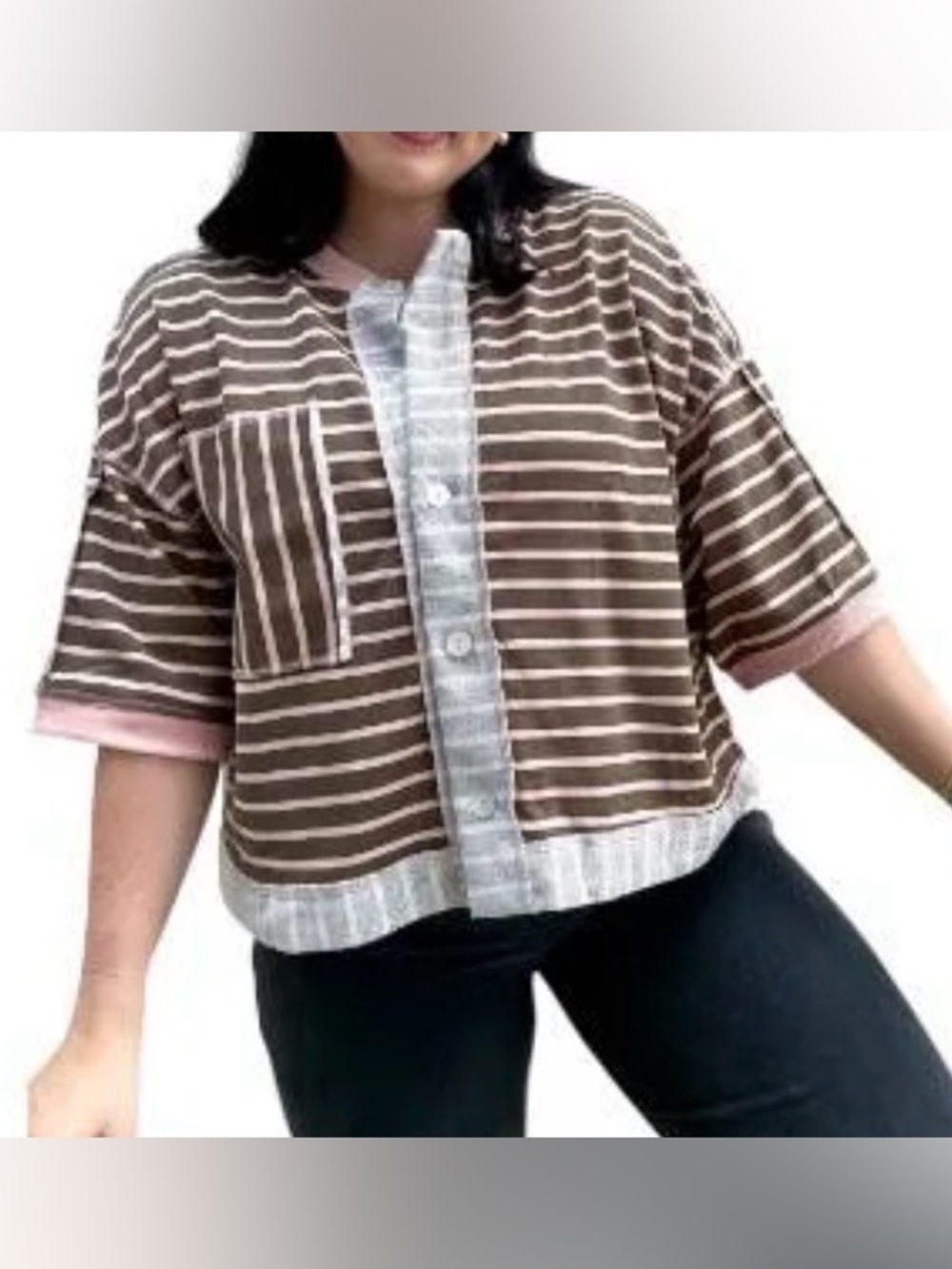 Striped Boxy Button-Down Top in Brown and White